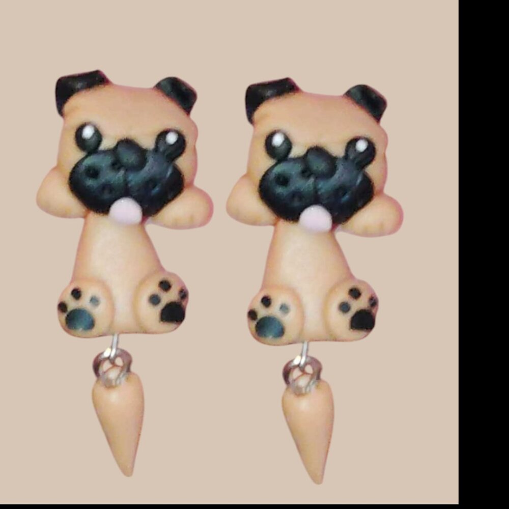NWT 3D Cute Gray Brown Puppy Dog Polymer Clay Stud Dangle Drop Earrings 2"